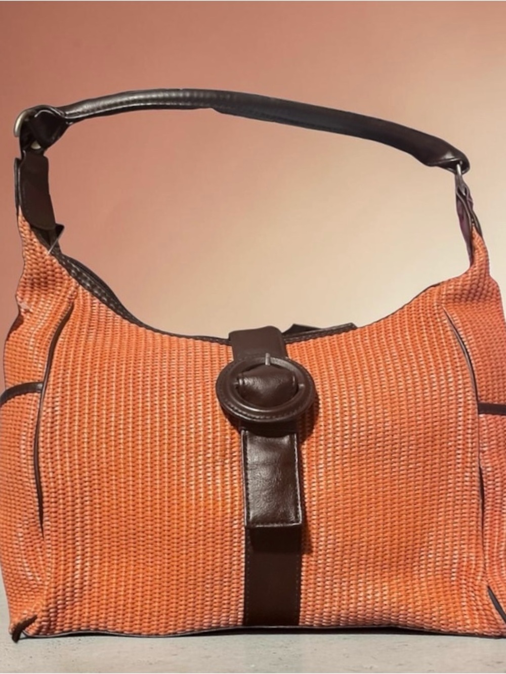 NWT! Stone Mountain Woven Orange Shoulder Bag with Dark Brown Trim